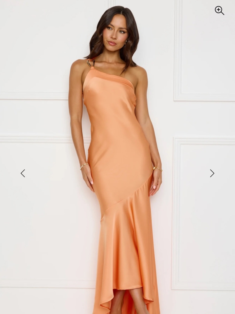 Hello Molly One-Shoulder Satin Maxi Dress in Peachy Orange